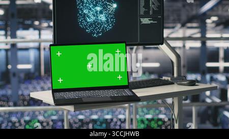 Ordinateur portable à écran isolé à côté de l'affichage élevé de la station de contrôle du centre de données industriel montrant la visualisation IA. Ordinateur portable Chroma Key dans une batterie de serveurs affichant les diagnostics du réseau neuronal Banque D'Images