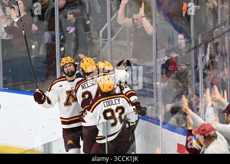 Ses coéquipiers se rassemblent autour de l'attaquant des Gophers du Minnesota Jimmy Snuggerud (81) après avoir marqué un but lors d'un match au West Regional de la NCAA tournoi de hockey masculin entre les Golden Griffins du Canisius College et les Golden Gophers de l'Université du Minnesota à la Scheels Arena à Fargo, Dakota du Nord, le jeudi 23 mars 2023. Le Minnesota a gagné 9-2. Par Russell Hons/CSM (crédit image : © Russell Hons/CSM via ZUMA Press Wire) Banque D'Images