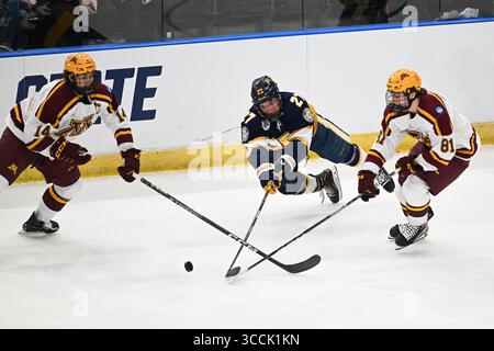 Ryan Miotto (27) plonge entre Brock Faber (14 ans), défenseur des Gophers du Minnesota, et Jimmy Snuggerud (81 ans), attaquant des Gophers du Minnesota, pour briser un jeu lors d'un match au West Regional du tournoi de hockey masculin de la NCAA entre les Golden Griffins du Canisius College et les Golden Gophers de l'Université du Minnesota à Scheels Arena à Fargo, Dakota, Dakota, Dakota, le jeudi 23 mars 2023. Le Minnesota a gagné 9-2. Par Russell Hons/CSM (crédit image : © Russell Hons/CSM via ZUMA Press Wire) Banque D'Images