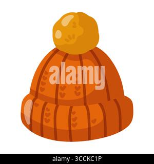 Bonnet beanie tricoté orange d'automne avec pompon moelleux jaune. Illustration isolée de vecteur de dessin animé sur fond blanc. Illustration de Vecteur
