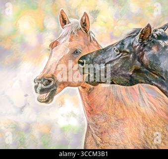 Art photographique numérique stylisé de deux geldings Quarter Horse jouant ensemble. Banque D'Images
