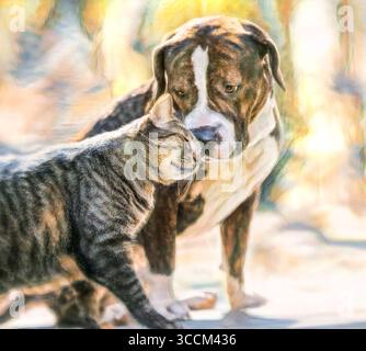 Chien de taureau américain adulte et ami chat tabbby. Photo numérique stylisée Banque D'Images