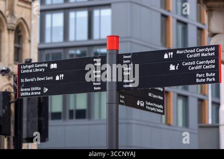 CARDIFF, Royaume-Uni - 8 AOÛT 2025 - gros plan des panneaux indiquant les directions et les temps de marche vers les attractions touristiques de Cardiff, pays de Galles Banque D'Images