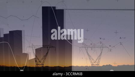 Affichage des silhouettes de bâtiment et des tours de puissance au coucher du soleil avec des superpositions de grille, des graphiques, des flèches Banque D'Images