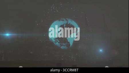 Globe holographique brillant planant au-dessus de la sous-station la nuit, avec des flux de données, des nœuds et des fusées éclairantes Banque D'Images