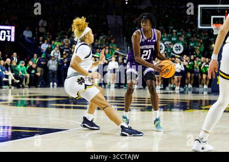 15 novembre 2023 : la garde du Nord-Ouest Melannie Daley (21 ans) cherche à conduire la voie alors que la garde de notre Dame Hannah Hidalgo (3 ans) défend lors d'un match de basket-ball féminin de la NCAA entre les Wildcats du Nord-Ouest et les Fighting Irish de notre Dame au Pavillon Purcell au Joyce Center à South Bend, Indiana. Notre Dame bat Northwestern 110-52. John Mersits/CSM. (Crédit image : © John Mersits/CSM via ZUMA Press Wire) Banque D'Images