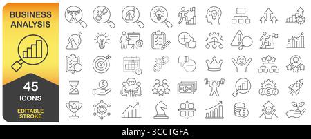 Jeu d'icônes de trait modifiable d'analyse métier. Forces, faiblesses, opportunités et menaces. Présentations commerciales, planification, Stratégie, Illustration de Vecteur