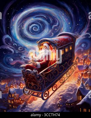 2 juillet 2023, Wyoming, États-Unis : graphisme Santa Claus décorations de Noël. Un rêve étoilé sous la lueur des constellations de toile cosmique, le traîneau magique du Père Noël rempli de cadeaux et de cadeaux de Noël plané avec le Père Noël comme guide, un voyage céleste à travers les galaxies et les traces des comètes (crédit image : © Sergi Reboredo/ZUMA Press Wire) Banque D'Images