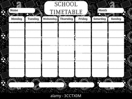 Modèle d'horaire scolaire vierge avec fond de papeterie noir et blanc Illustration de Vecteur