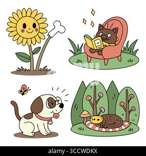 Illustrations animales charmantes mettant en vedette des animaux de compagnie et des scènes de nature ensoleillée Illustration de Vecteur