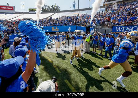 8 octobre 2022, Pasadena, États-Unis : les joueurs de l'UCLA courent sur le terrain avant un match de football universitaire de la NCAA contre l'Utah samedi 8 octobre 2022, à Pasadena, Calif. (Image crédit : © Ringo Chiu/ZUMA Press Wire) Banque D'Images