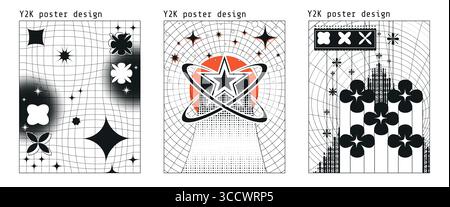 Les grilles déformées se mélangent aux étoiles techno et aux formes rétro sur les affiches de l'an 2000 pour les événements raves. Dégradés de demi-teintes avec anneaux orbitaux et fleurs géométriques pour un design nostalgique de style millénaire. Illustration de Vecteur