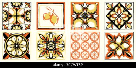 Carreaux décoratifs inspirés des motifs de la côte amalfitaine - motifs agrumes et fleurs méditerranéennes pour les intérieurs italiens. Tranches d'orange avec des motifs de citron et des fleurs géométriques pour la décoration en céramique. Illustration de Vecteur