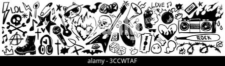 Chaotique punk rock doodle set avec des crânes, des éclairs et des éléments de graffiti rebelles pour la musique alternative Boombox avec des bottes, des chauves-souris et des symboles d'anarchie pour les conceptions de la culture souterraine. Illustration de Vecteur