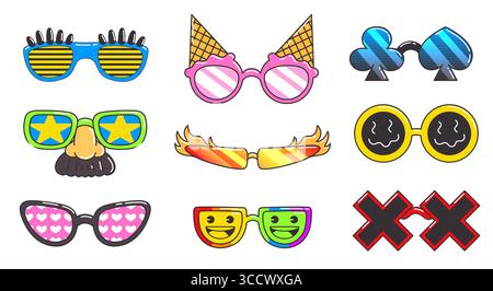 Ensemble de lunettes disco groovy avec des motifs funky pour les accessoires de fête et la mode rétro. Cadres colorés avec des rayures et des étoiles, des coeurs et des flammes, des cônes de crème glacée, des costumes de cartes à jouer et des visages souriants. Illustration de Vecteur