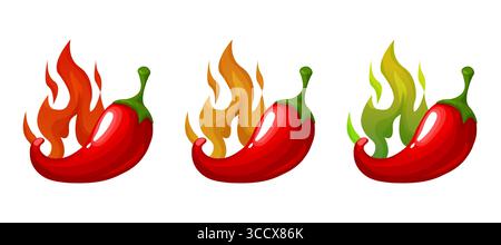 Icône d'échelle de niveau épicée au poivre, étiquette. Niveaux épicés traditionnels mexicains, chinois et asiatiques. doux, épicé, chaud. Icône de contour rouge piment. Illustration vectorielle Illustration de Vecteur