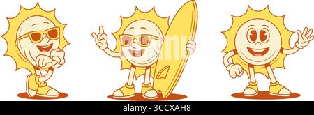 Joyeuse bande dessinée jaune soleil jeu de caractères dessin animé contouré illustration plate vectorielle. Souriant mignon soleil d'été soleil soleil mascotte d'été dans des lunettes de soleil Illustration de Vecteur