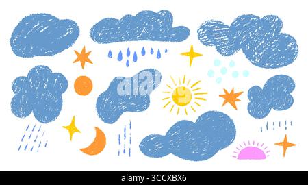 Ensemble de nuages dessinés à la main, Lune, Soleil, étoiles, pluie Illustration de Vecteur