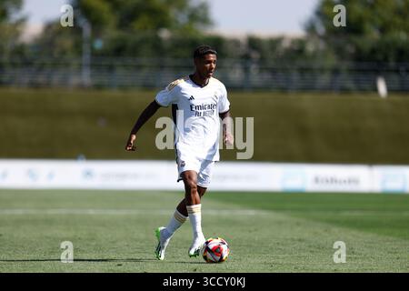 12 août 2023, VALDEBEBAS, MADRID, ESPAGNE : Vinicius Tobias de RM Castilla en action lors du match amical joué entre le Real Madrid Castilla et le CD Fuenlabrada au stade Alfredo Di Stefano le 12 août 2023, à Valdebebas, Madrid, Espagne. (Crédit image : © Oscar J. Barroso/AFP7 via ZUMA Press Wire) Banque D'Images