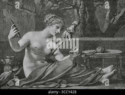 Clotho. L'un des trois destins ou Moirai dans la mythologie grecque, également connu sous le nom de Spinner. Elle était responsable de faire tourner le fil de la vie pour chaque mortel. Ses sœurs, Lachesis et Atropos, étaient chargées de mesurer et de couper ce fil, respectivement. Gravure de Huyot d'après Pierre-Paul Prud'hon (1758-1823), vers 1800. Directoire, Consulat et Empire. Moeurs et usages, lettres, sciences et arts. France, 1795-1815” (Annuaire, Consulat et Empire de France. Coutumes et traditions, lettres, sciences et art. France, 1795-1815), de Paul Lacroix. Publié à Paris, 1884. Banque D'Images