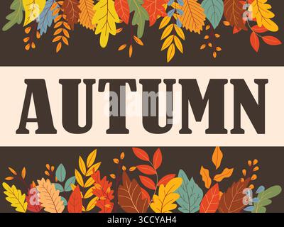 Bannière de saison d'automne avec des feuilles colorées et mot d'automne. Modèle d'humeur d'automne. Fond sombre avec feuillage coloré, graphiques vectoriels Illustration de Vecteur