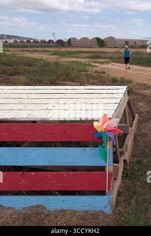 Un charmant et coloré banc fait à la main, peut-être pour les enfants, avec une roue à épingles vibrante, dans un cadre rural. Banque D'Images