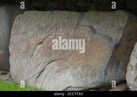 Bordures sculptées d'art mégalithique sur le site 1 de Knowth une tombe de passage néolithique et un monument antique sur le site du patrimoine mondial de Brú na Bóinne, Stalleen Banque D'Images