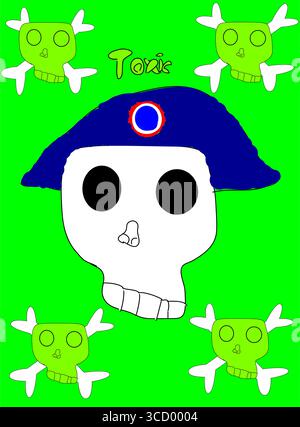 Crâne avec illustration de béret. L'image montre un crâne blanc portant un béret bleu avec un emblème rouge et bleu. L'arrière-plan est vert vif, Banque D'Images