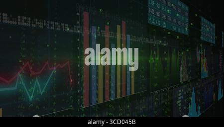 Tableau de bord financier affichant des graphiques à barres multicolores superposés, des graphiques linéaires, des codes et des données de téléscripteur Banque D'Images