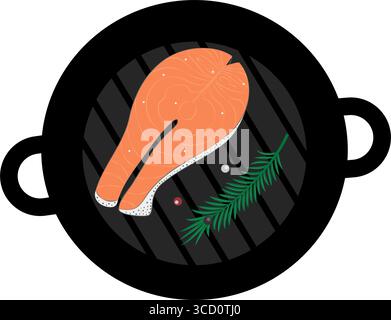 Steak de poisson rouge avec épices et brindille de romarin sur grille en fonte grille de cuisson saine conception de cartes alimentaires. Illustration vectorielle isolée cartes thématiques d'aliments sains Design Menu, recette, étiquette de prix, dépliants Illustration de Vecteur
