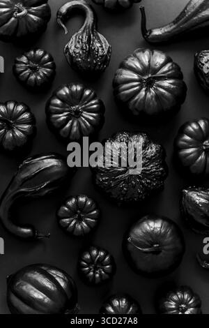Différents types de petits citrouilles peintes en noir sur fond sombre. Vue de dessus, plan d'agencement Banque D'Images