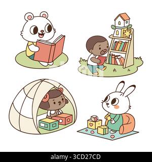 enfants de dessins animés mignons et animaux lisant des livres et jouant avec des jouets dans des scènes d'apprentissage amusantes et colorées Illustration de Vecteur