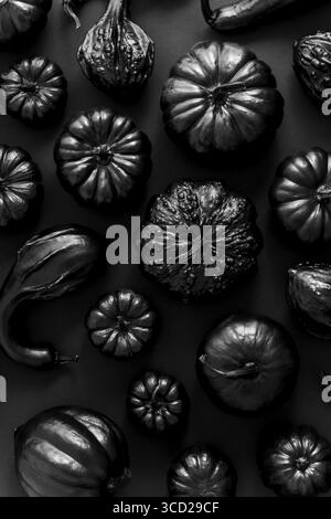 Différents types de petits citrouilles peintes en noir sur fond sombre. Vue de dessus, plan d'agencement Banque D'Images