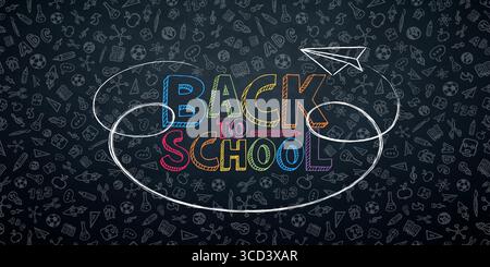 Design de bannière de motif sans couture de retour à l'école avec Doodles dessinés à la main colorés dans le style de fournitures scolaires et lettrage de typographie sur tableau noir Illustration de Vecteur