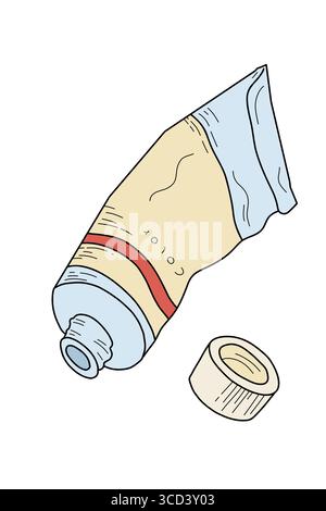 Illustration vectorielle d'un tube de peinture ouvert avec bouchon, coloré dans des tons pastel. Conception d'approvisionnement d'art dessiné à la main pour la peinture, la créativité et artistique Illustration de Vecteur