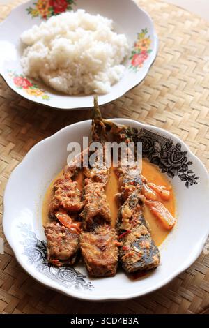 Mangut Lele, Yogyakarta cuisine traditionnelle à base de poisson-chat fumé, Chili, lait de coco et diverses autres épices. Cuisine traditionnelle indonésienne. Serv Banque D'Images