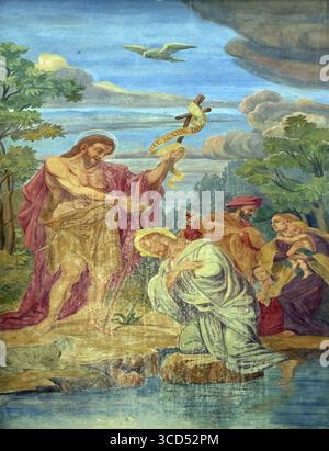 Baptême du Seigneur, fresque sur la façade de la cathédrale St Nicholas à Ljubljana, Slovénie Banque D'Images