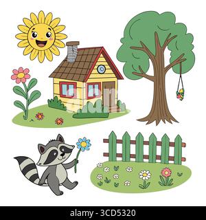 charmante illustration vectorielle d'un raton laveur, maison, soleil et arbre dans une scène extérieure colorée Illustration de Vecteur