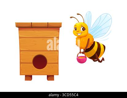 Personnage d'abeille de miel de dessin animé retournant à la ruche en bois avec seau de miel plein. Vecteur joyeux insecte jaune volant près de ruche avec le visage souriant évoque le travail d'équipe, la pollinisation et la vie de rucher Illustration de Vecteur