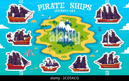 Paquet d'autocollants de bateau à voile pirate. Caricature vecteur voiliers corsaires avec crâne noir et drapeaux d'os, coques en bois et éléments maritimes autour de l'île avec des montagnes, des arbres tropicaux et la mer Illustration de Vecteur