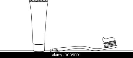 dessin simple continu de brosse à dents et tube de dentifrice, illustration vectorielle d'art au trait Illustration de Vecteur