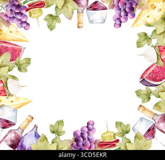 Cadre aquarelle rectangulaire lumineux avec raisins, verres à vin, bouteilles et fruits sur fond blanc. Parfait pour le menu, affiche du festival du vin, étiquette, Banque D'Images