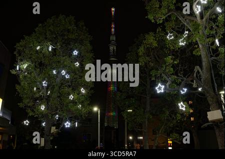 Tokyo Skytree brille par des lumières arc-en-ciel, encadrées par des arbres décorés d'ornements en forme d'étoile brillants Banque D'Images