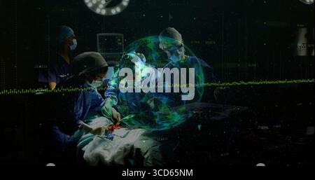 Équipe chirurgicale opérant la chirurgie en SALLE D'opération, avec instruments et superposition de données holographiques Banque D'Images
