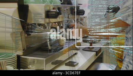 Utilisation de la tête du groupe machine espresso commerciale au comptoir du bar à café, avec code AR flottant Banque D'Images