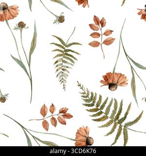 Motif aquarelle florale d'automne. Fougère dessinée à la main, feuilles d'automne, brindilles orange, branches. Banque D'Images