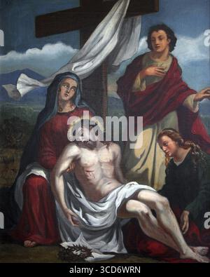 13e les stations de la Croix, le corps de Jésus est déposé de la croix, l'église de Sainte Agathe dans Schmerlenbach, Allemagne Banque D'Images