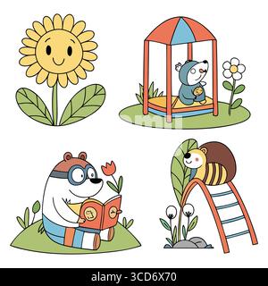 Illustration vectorielle joyeuse d'animaux dans la nature lisant profitant du soleil et des fleurs Illustration de Vecteur