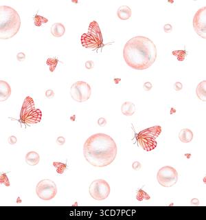 Motif sans couture avec papillon orange Bordeaux et perles roses, dessiné à la main à l'aquarelle. Banque D'Images