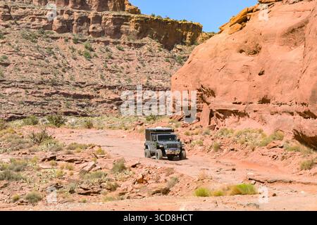 Moab, Utah, États-Unis - 25 mai 2025 : Jeep hors route conduite sur un terrain accidenté dans la campagne à la périphérie de Moab Banque D'Images